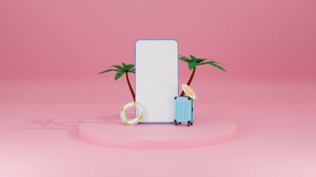 Concept travel summer with smart phone and suitcase and palm tree, pink pastel background. 3d renderingの写真素材