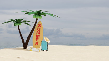 Concept Travel Summer, season of tourism with luggage bag and surfboard with palm tree on the beach, sky background. 3d renderingの写真素材