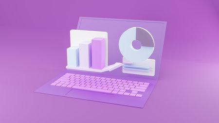 Concept infographics. Business concept with laptop, steps or processes, bar graphs and pie chart on purple background. 3d renderingの写真素材