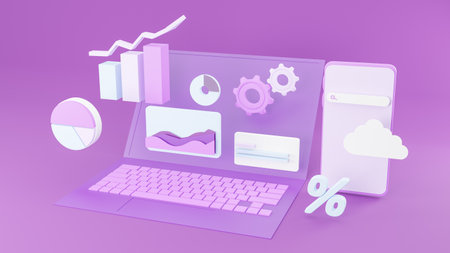 Concept infographics. Business concept with laptop, steps or processes, bar graphs and pie chart, gear, cloud, smartphone on purple background. 3d renderingの写真素材