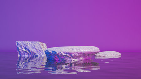 Abstract Background. White stone podium for premium products display, white marble pedestal on water wave, nature advertising cosmetic, Purple And Blue lighting background. 3d renderingの写真素材