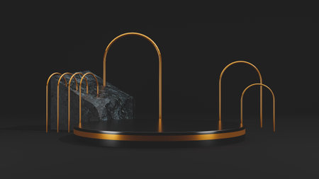 3d Rendering. Black podium for premium products display, Black marble pedestal and golden pillar on black background.の写真素材