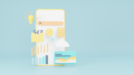 Concept infographics. Business concept with smartphone and light bulb, steps or processes, calculator, coin and folder on light blue background. 3d renderingの写真素材