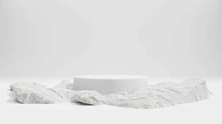 Abstract Background. White podium for premium products display, white marble pedestal nature advertising cosmetic concept on white background. 3d renderingの写真素材