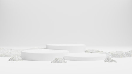 Abstract Background. White podium for premium products display, white marble pedestal nature advertising cosmetic concept on white background. 3d renderingの写真素材