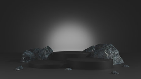 Elegant Premium Products Display of black rock - Stunning 3D Render with black podium on black background.の写真素材