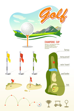 Golf. Vector Labels. Set elements of infographics about golf game. Beautiful landscape. Golf Club. Poster for sportのイラスト素材