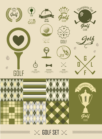 Character set of golf, cup, putter and ball. Backgrounds with vintage pattern clothing player.のイラスト素材