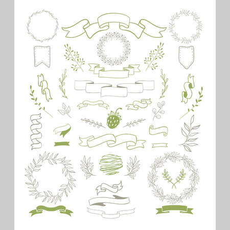 Ribbon set. Flowers, branches, border, arrows, ribbons ,decor elements. Easy to make design templates . For holidays design. Grey & green.のイラスト素材