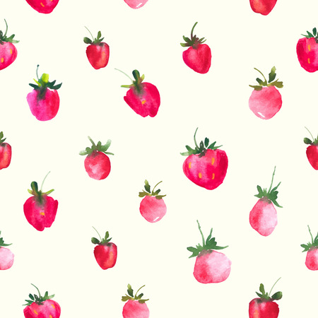 Seamless background with fresh strawberries painted with watercolors. Bright juicy berries. Easy simple outline styleのイラスト素材