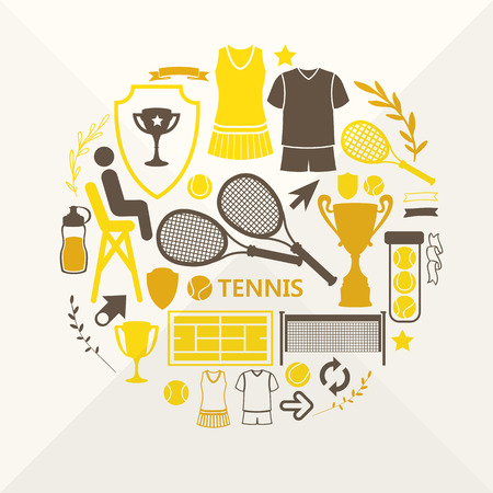 Flat objects arranged in a circle. Icons for your design. Set of tennis icons.のイラスト素材