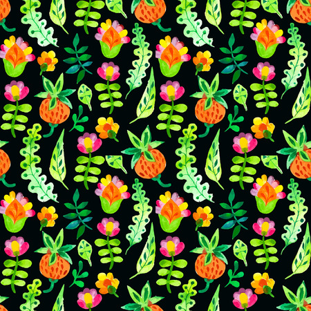Seamless floral & flower background. Watercolor elements for decoration and create your design. Watercolor doodling. Fabulous pattern on black background.のイラスト素材