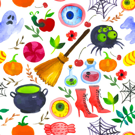 Seamless watercolor background. Halloween colorful pattern. Scary objectsのイラスト素材
