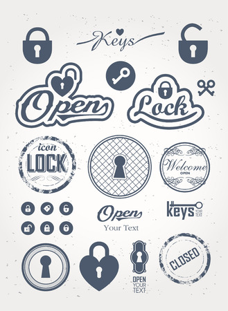 Vintage set lock icons. Labels with keys and locks. Sign open closed. A simple silhouette of the lock for the door. Key logo.のイラスト素材