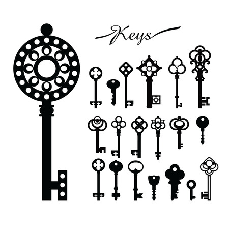 Black & white set silhouettes of keys different shapes.のイラスト素材