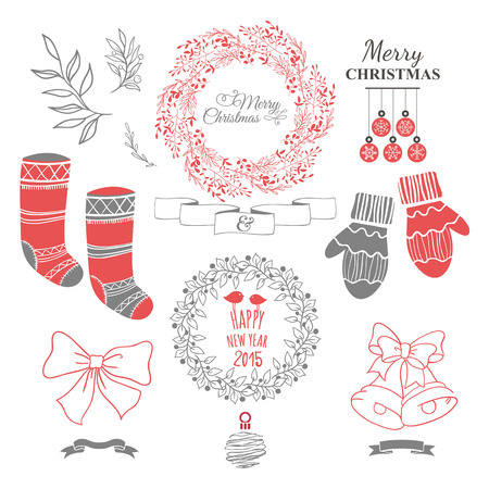 Set of christmas ornaments and decorative elements, vintage ribbon, labels, frames, badge, stickers.Christmas wreath. Socks for gifts and warm gloves.のイラスト素材