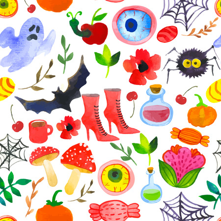 Seamless watercolor background. Halloween colorful pattern. Scary objectsのイラスト素材