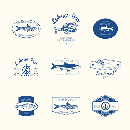 Logo set for fish restaurant or bar with a picture of the fish. Blue sings on white background.のイラスト素材