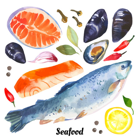 Watercolor set of sea food with mackerel, squid, prawns and mussels drawn by hand on a white background.のイラスト素材
