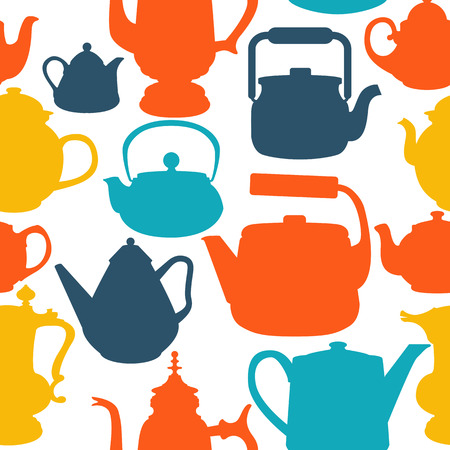 Seamless background of teapots. Colored dishes in a simple flat style.のイラスト素材