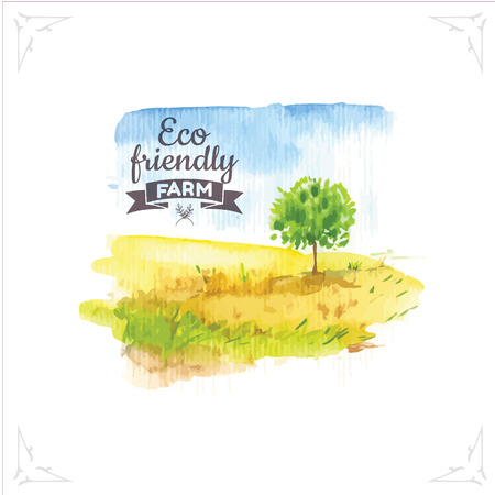 Vector illustration of nature in the Provencal style. Watercolor illustration of a tree in a field.のイラスト素材