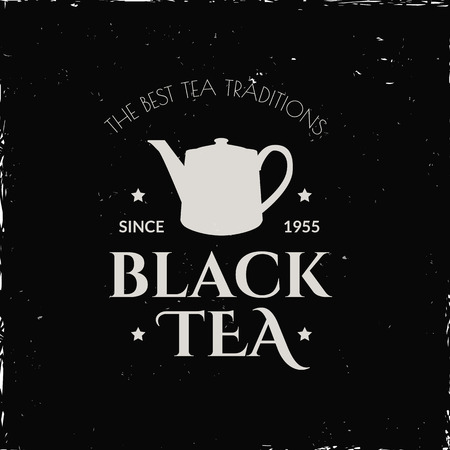 Tradition of tea time. Vector logo on theme tea.  White simple symbol on black background.のイラスト素材