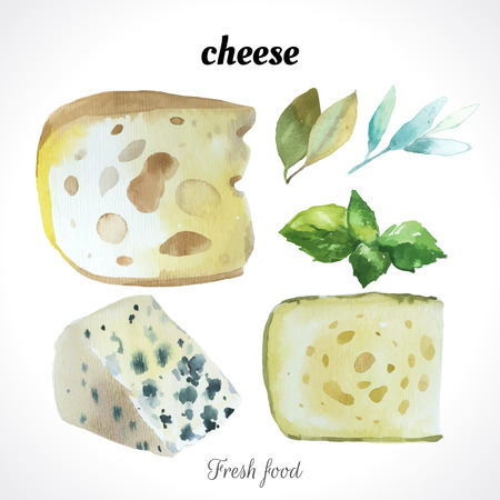 Watercolor illustration of a painting technique. Fresh organic food. Set of different noble cheeses. Bar blue cheese.のイラスト素材
