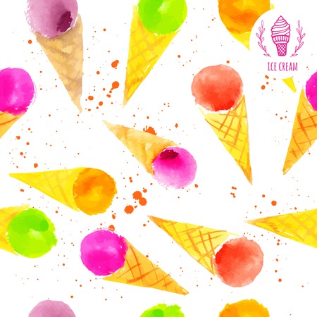 Colorful watercolor background with ice cream in a cone.のイラスト素材