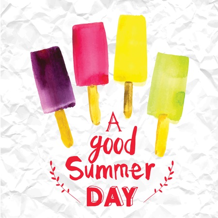 Poster with the phrase a good summer day. Watercolor doodling with colorful ice cream against the backdrop of crumpled paper.のイラスト素材