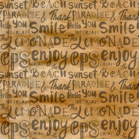 Letters of the alphabet written with a brush on old paper. Different words on the topic of the summer. Seamless background of words.のイラスト素材