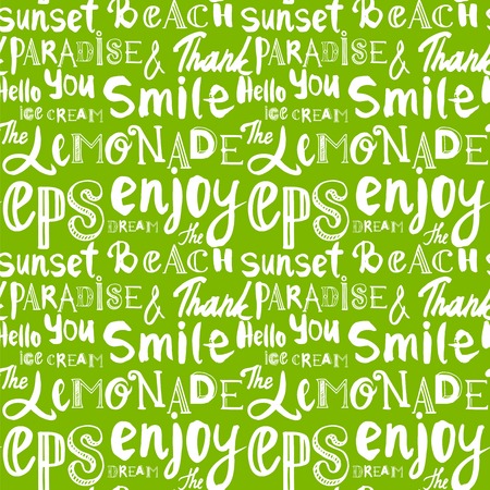 Letters of the alphabet written with a brush on green background. Different words on the topic of the summer. Seamless background of words.のイラスト素材