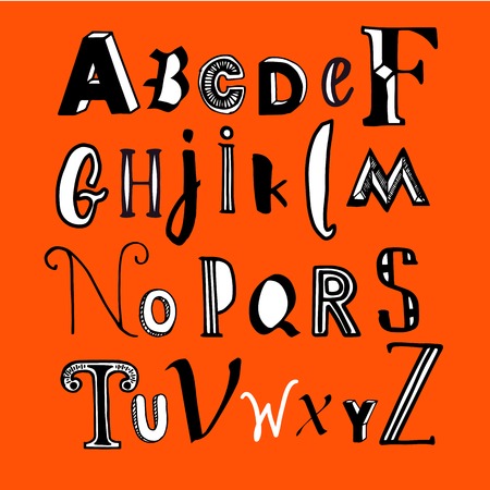 Letters of the alphabet written with a brush on orange background. The letters in different styles.のイラスト素材