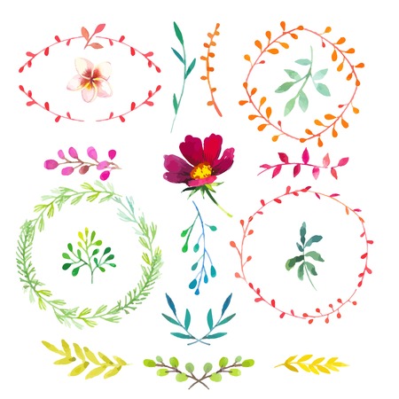 Floral motifs. Watercolor vintage floral trendy set of wreaths and laurels. Set of round frames.のイラスト素材