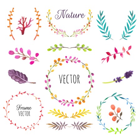 Floral motifs. Watercolor vintage floral trendy set of wreaths and laurels. Set of round frames.のイラスト素材