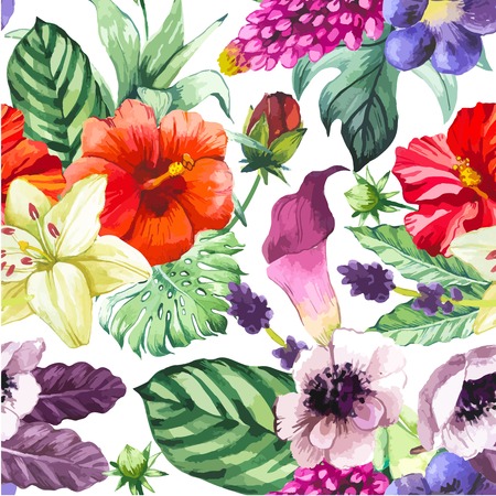 Beautiful seamless background with tropical flowers and plants on white. Composition with calla lily, chinese hibiscus, anemone and leaves.のイラスト素材