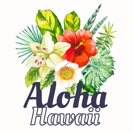Beautiful bouquet tropical flowers and plants on white background. Composition with monstera and palm leaves, white lily chinese hibiscus. Aloha Hawaii.のイラスト素材
