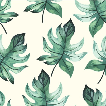 Seamless floral background. Watercolor green pattern with leaves. Handmade painting on a white background.のイラスト素材