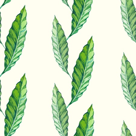 Seamless floral background. Watercolor green pattern with leaves. Handmade painting on a white background.のイラスト素材