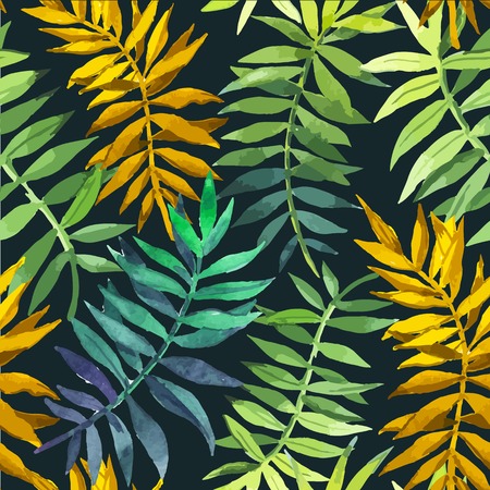 Seamless floral background. Watercolor green pattern with palm leaves. Handmade painting on a black background.のイラスト素材