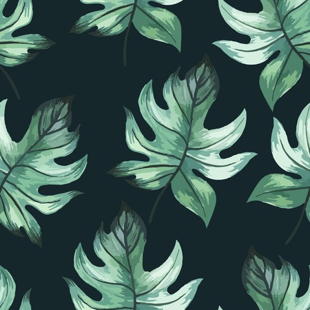 Seamless floral background. Watercolor green pattern with leaves. Handmade painting on a black background.のイラスト素材
