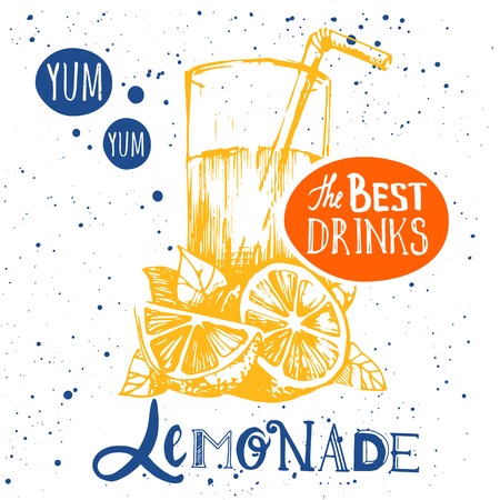 Summer poster with yellow sketch of lemonade. Restaurant Design.のイラスト素材