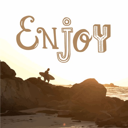 Summer sunset by the sea. Surfer with board on coastal rock. Enjoy.のイラスト素材