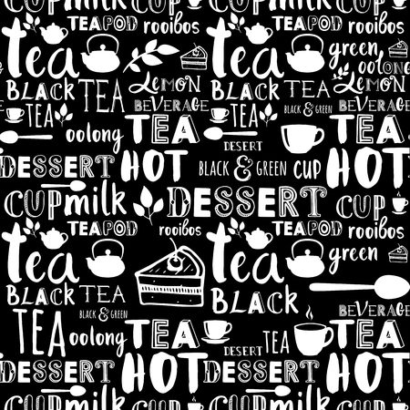 Vector tea illustration with hand drawn alphabet. Black and white. Letters of the alphabet written with a brush.のイラスト素材
