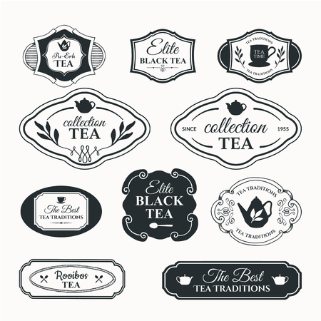 Simple symbols with cup and teapot. Traditions of tea time. Decorative elements for your design. Black and white.のイラスト素材