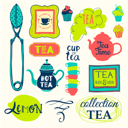Funny symbols with cup, spoon and teapot. Traditions of tea time. Decorative elements for your design.のイラスト素材