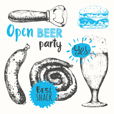 Oktoberfest set. Vector illustration of beer set. Pub menu. Black and blue. Sketch design.のイラスト素材
