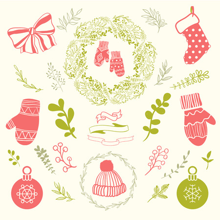 Set of christmas ornaments and decorative elements, vintage ribbon, labels, frames, badge, stickers. Christmas wreath.のイラスト素材