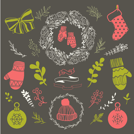 Set of christmas ornaments and decorative elements, vintage ribbon, labels, frames, badge, stickers. Christmas wreath.のイラスト素材