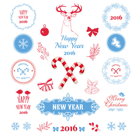 Set of christmas ornaments and decorative elements, vintage banner, ribbon, labels, frames, badge, stickers. Christmas wreath.のイラスト素材