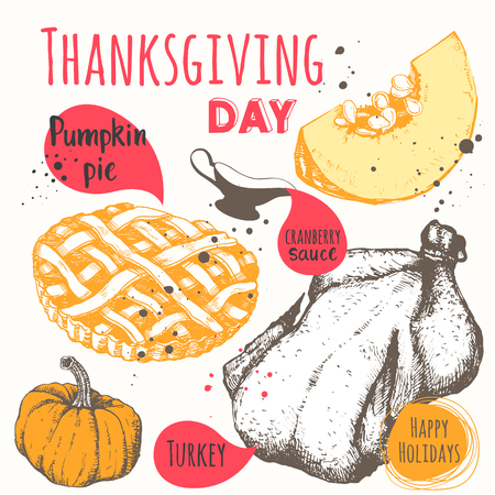 Roast turkey, cranberry sauce and pumpkin pie. Happy holidays.のイラスト素材